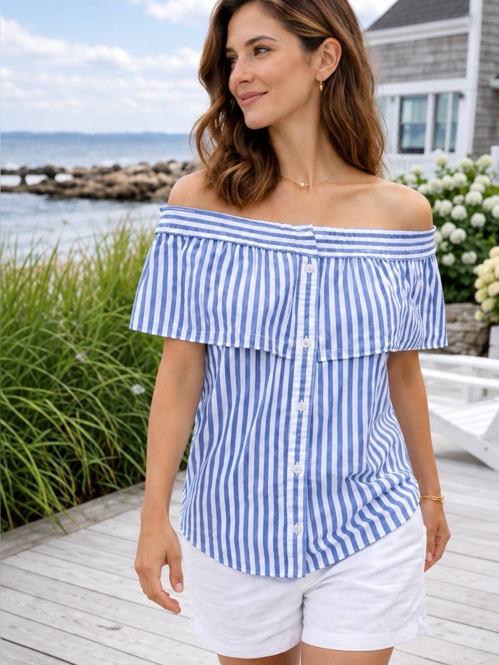 Veronica Beard Blue and White Striped off Shoulder Button Down Top